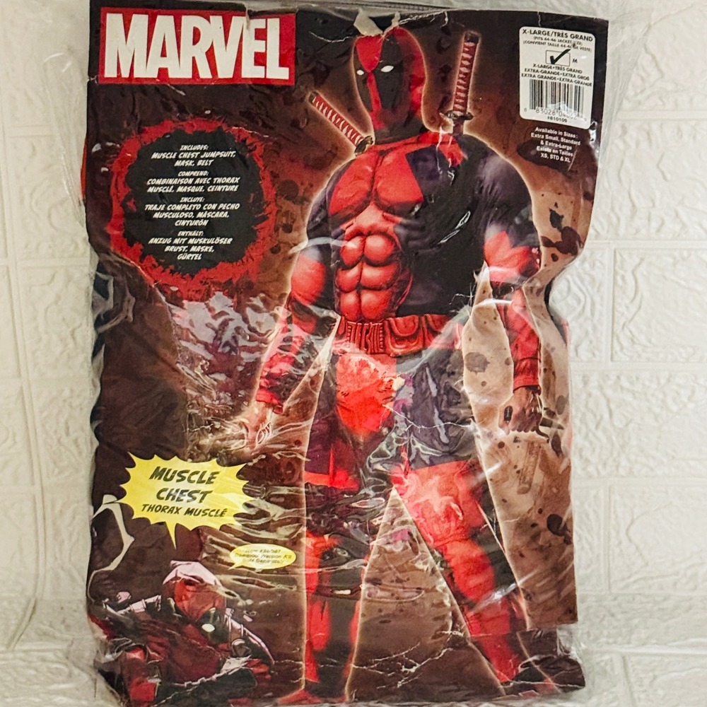 New Marvel Deadpool Costume Adult XL Red Muscle Chest Jumpsuit Mask Belt 810109